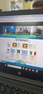 Il tavolo dei relatori e l'infografica ufficiale UNESCO "Testimonies" durante il webinar internazionale dell'8 giugno, con il focus sulla delegazione dell'I.C. Genoino.