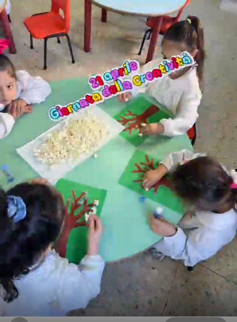 Bambini seduti attorno a un tavolo rotondo, visti dall'alto, mentre incollano popcorn su disegni di alberi. In evidenza la scritta colorata '21 aprile Giornata della Creatività