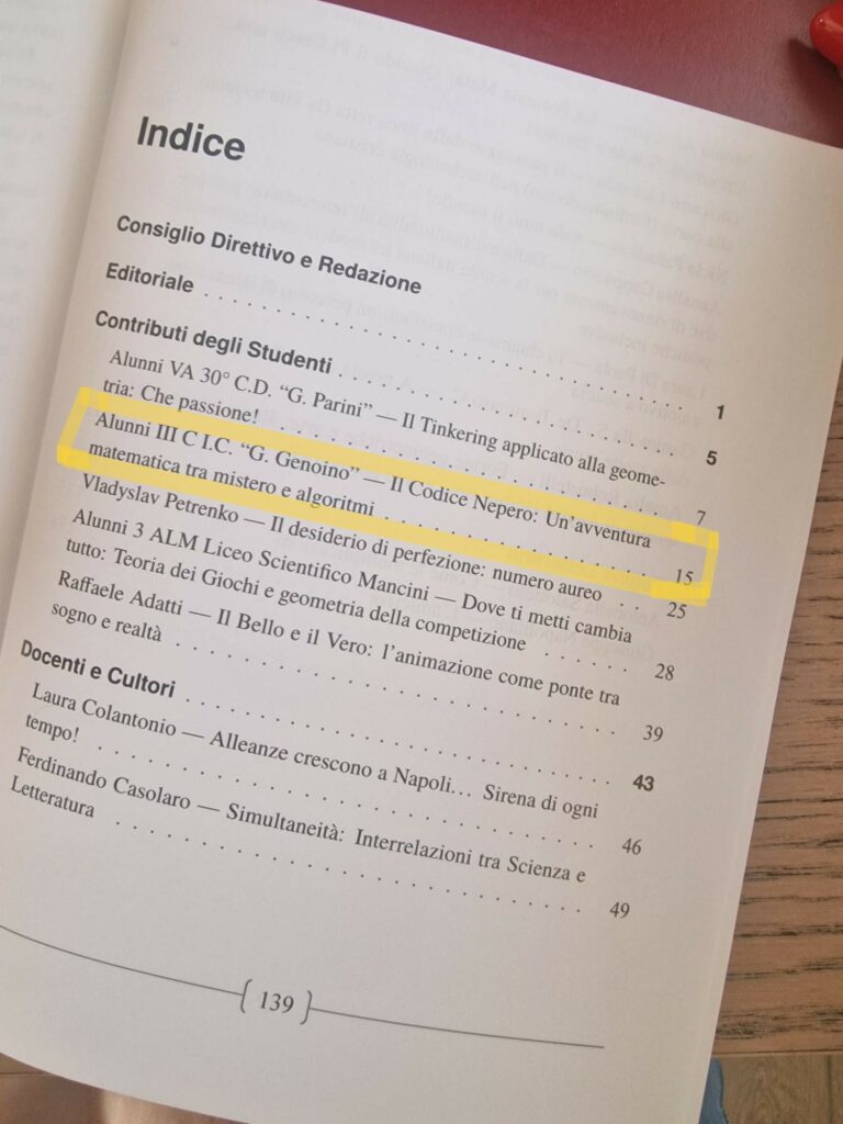 Indice della rivista Quaderni Caccioppoli n.1 2026 con il contributo degli alunni della 3 C"
