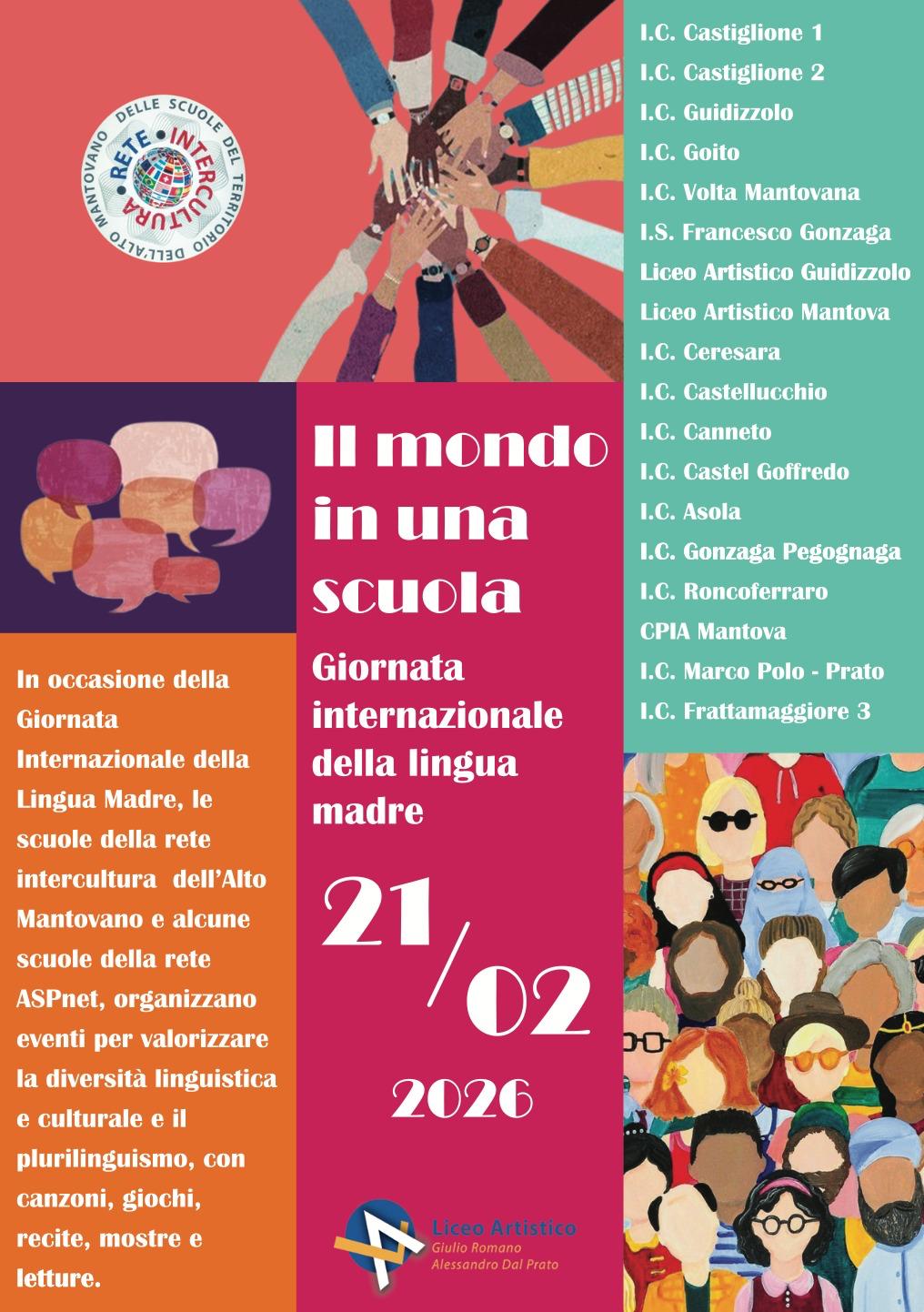 Locandina della rete di scuole per la Giornata della Lingua Madre. In basso è visibile l'elenco degli istituti partecipanti, tra cui l'Istituto Comprensivo Frattamaggiore 3 - G. Genoino, a testimonianza dell'impegno comune per il multilinguismo.